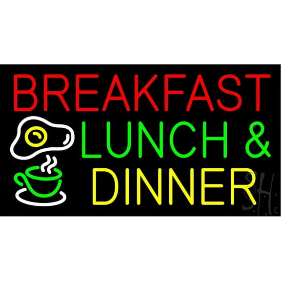 Breakfast Lunch And Dinner LED Neon Sign 20 x 37 - inches, Black Square Cut Acrylic Backing, with Dimmer - Bright and Premium built indoor LED Neon Sign for restaurant window and interior decor.