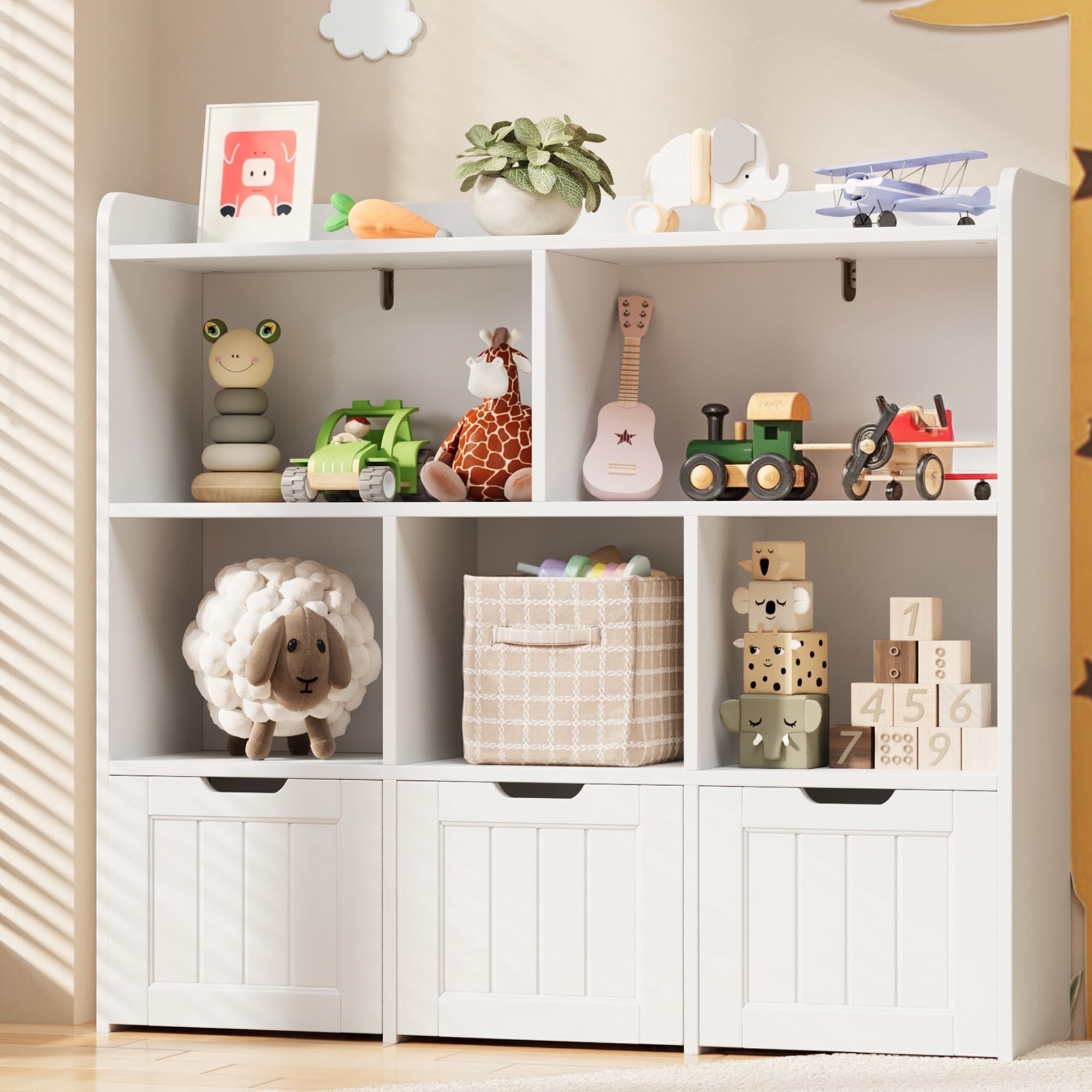 Kids Toy Storage Cabinet with 3 Movable Drawers and Bookshef, Noelse Nursery Playroom Storage Furniture Toy Box with bookshelf for Kids Room Organizer, White