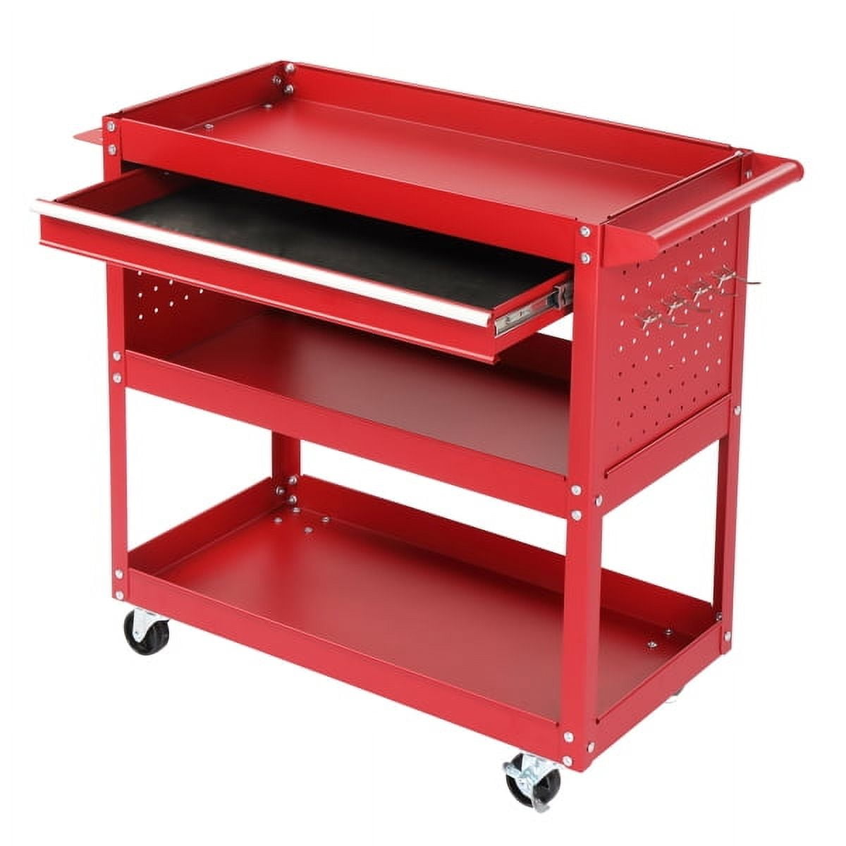 Red 3-Tier Rolling Tool Cart w/ Pegboard & Drawer - 330lb Capacity Heavy-Duty Steel Utility Cart for Garage, Workshop, Warehouse