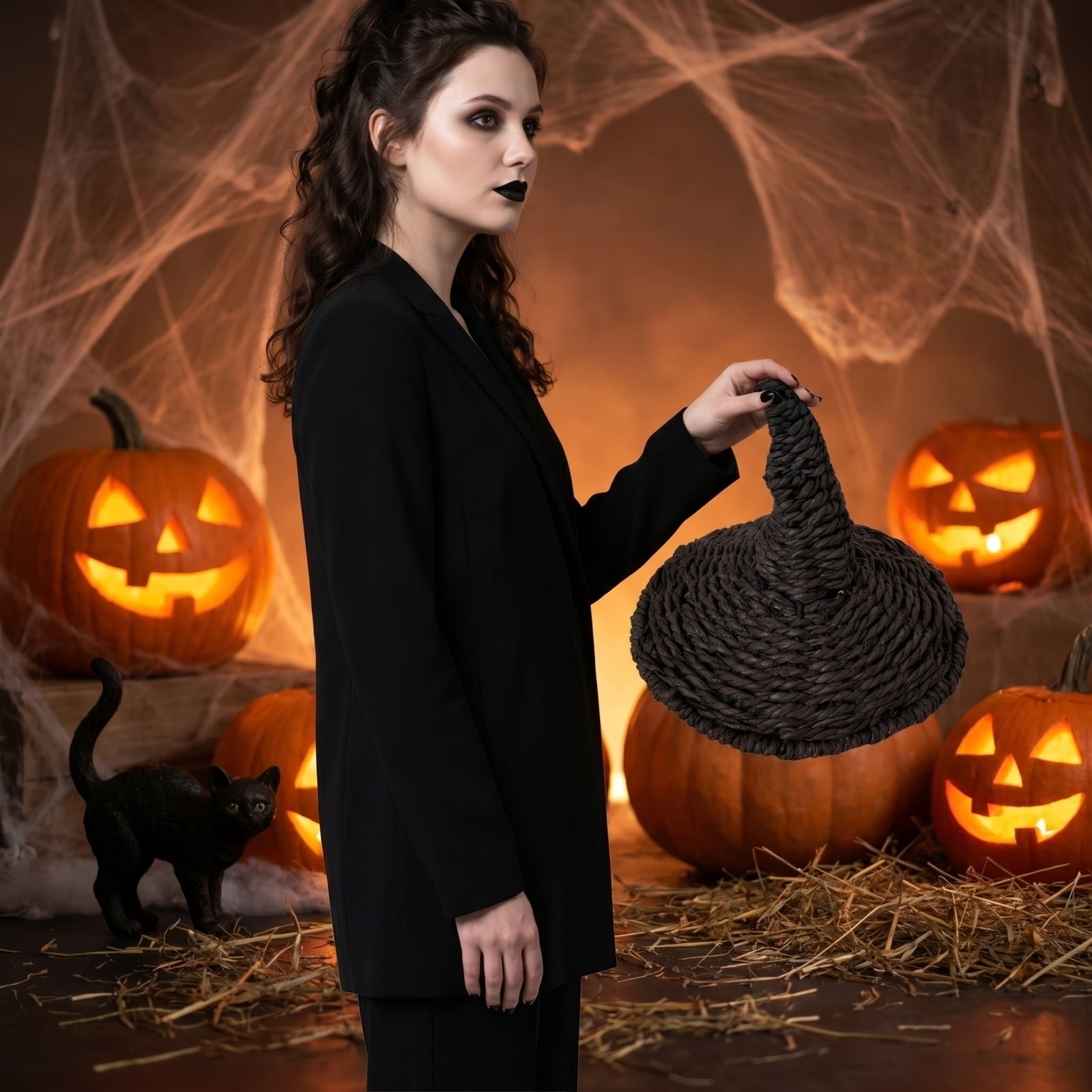 Halloween Rattan Witch Hat Decor, Wicker Wizard Hats Woven Witch Hat for Indoor Outdoor Halloween Party Supplies Home Bedroom Garden Patio Backyard Halloween Decorations, 4x6 Inch, Black