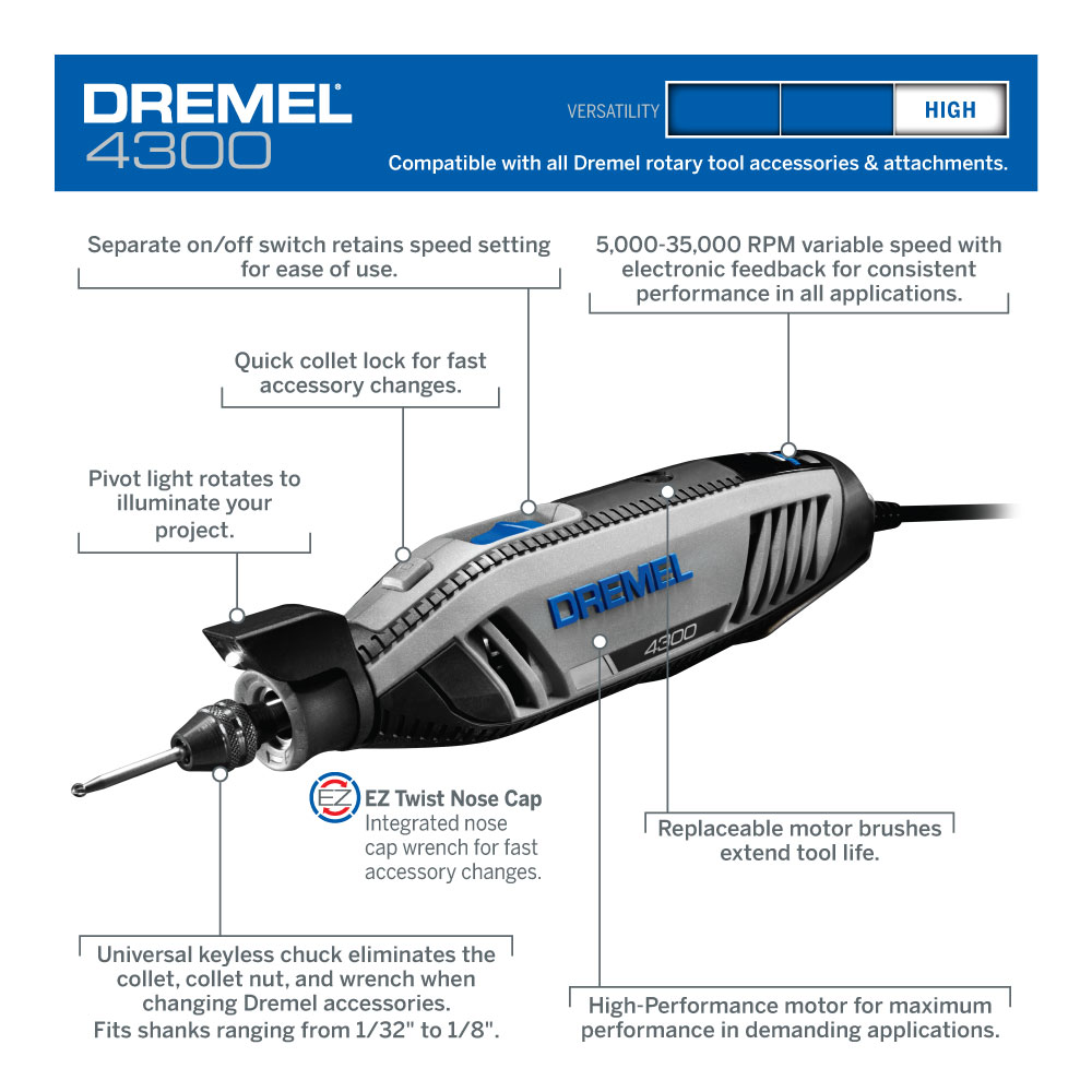 Dremel 4300-9/64 Corded Variable Speed Rotary Tool Kit with Flex Shaft and Hard Storage Case, High Power & Performance, Variable Speed - Engraver, Etcher, Sander, and Polisher - image 2 of 11