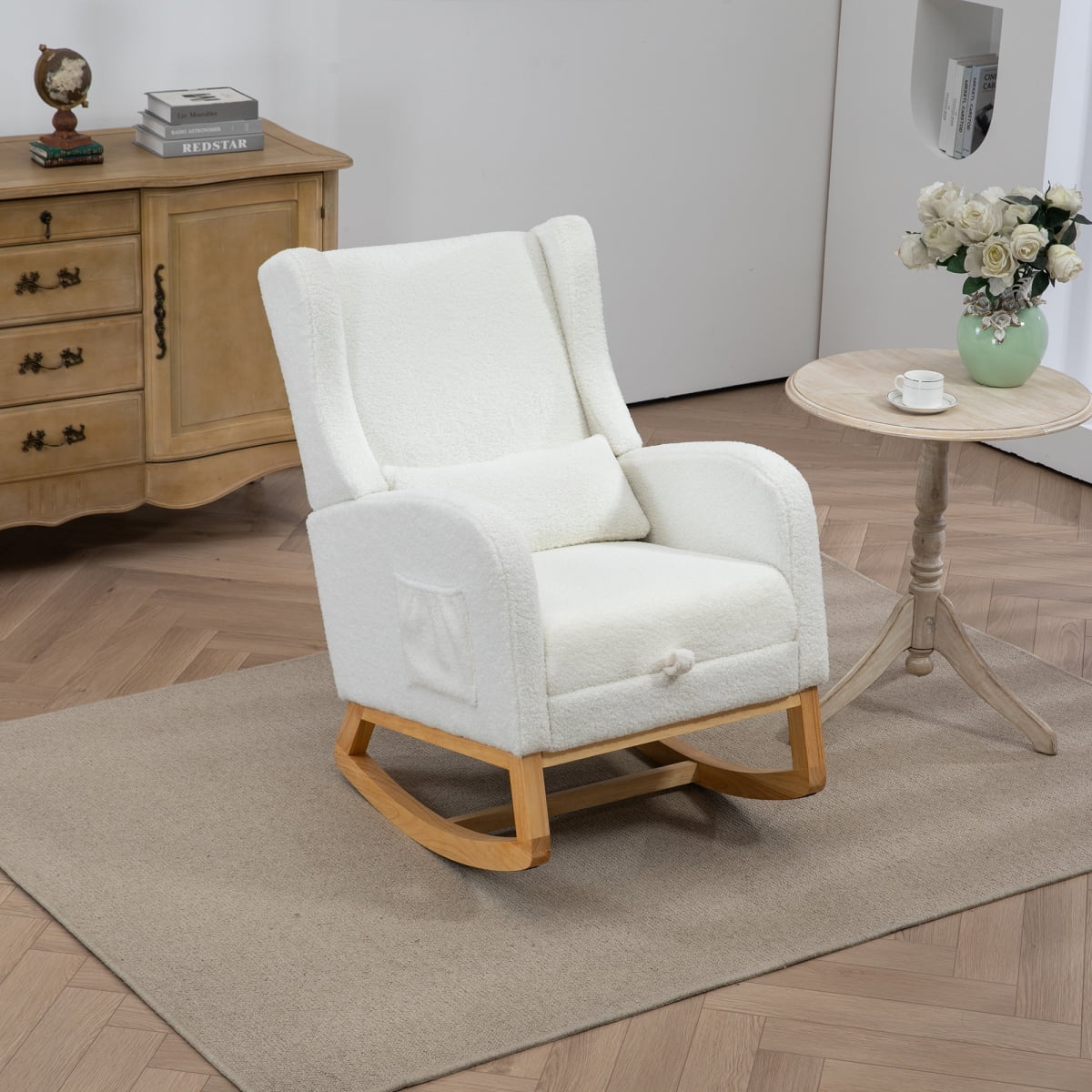 25.4"W Modern Rocking Chair for Nursery, Mid Century Accent Arm Rocker With Retractable Footrest, Side Pocket, Comfy Upholstered Wingback Wooden Glider Chair for Living Room Baby Kids Room. Ivory