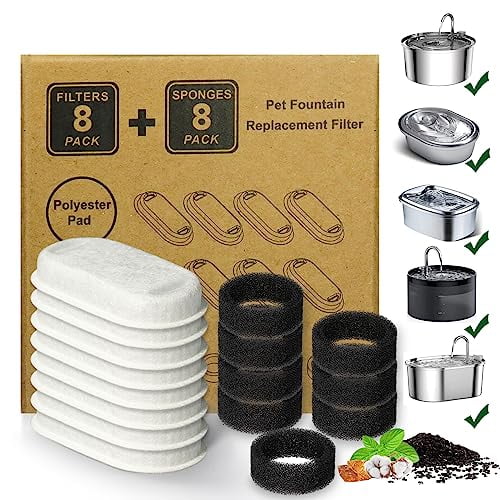 Cat Water Fountain Filters,16 Pack Cat Fountain Replacement Filters for Stainless Steel 67oz/2L Adjustable Water Flow Pet Water Fountain,Dog Water Fountain (8 8 Pack)