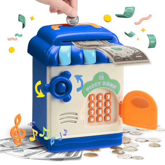 Welltop Electronic Piggy Bank, Mini ATM Password Money Bank Cash Coins Saving Box for Kids, Cartoon Safe Bank Box Perfect Toy - Blue
