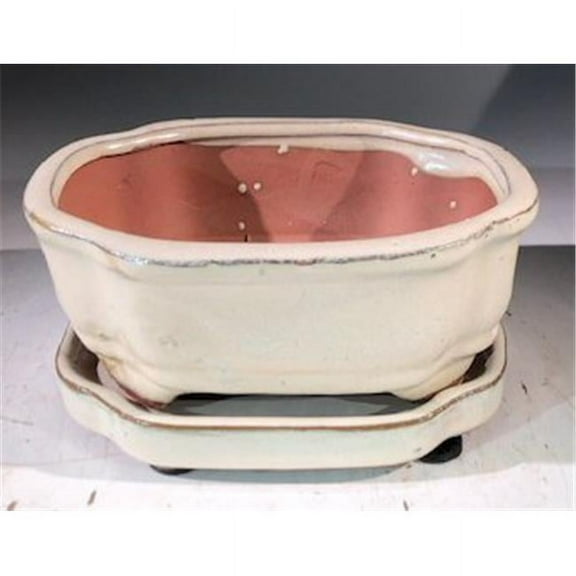 Bonsai Boy L366 6 x 5 x 2.5 in. Ceramic Bonsai Pot with Humidity Drip Tray, Beige - Rectangle