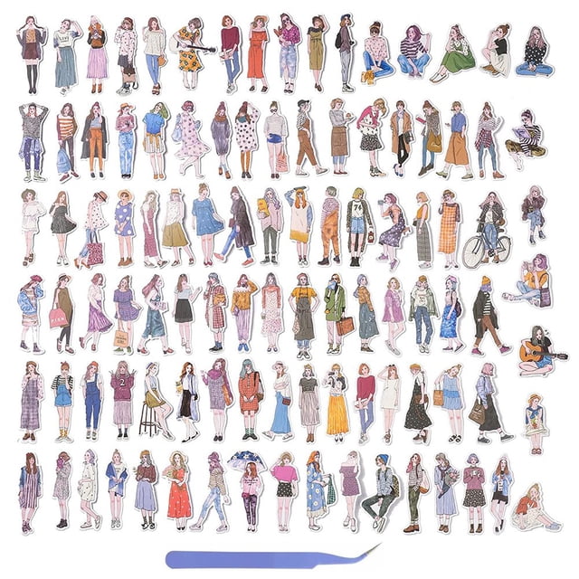 101 Piezas Etiquetas Engomadas de Personas para Diario, áLbum de Recortes, Etiqueta Engomada de áLbum de Recortes de Chica de Moda Urbana para Kit de Suministros de Diario Basura