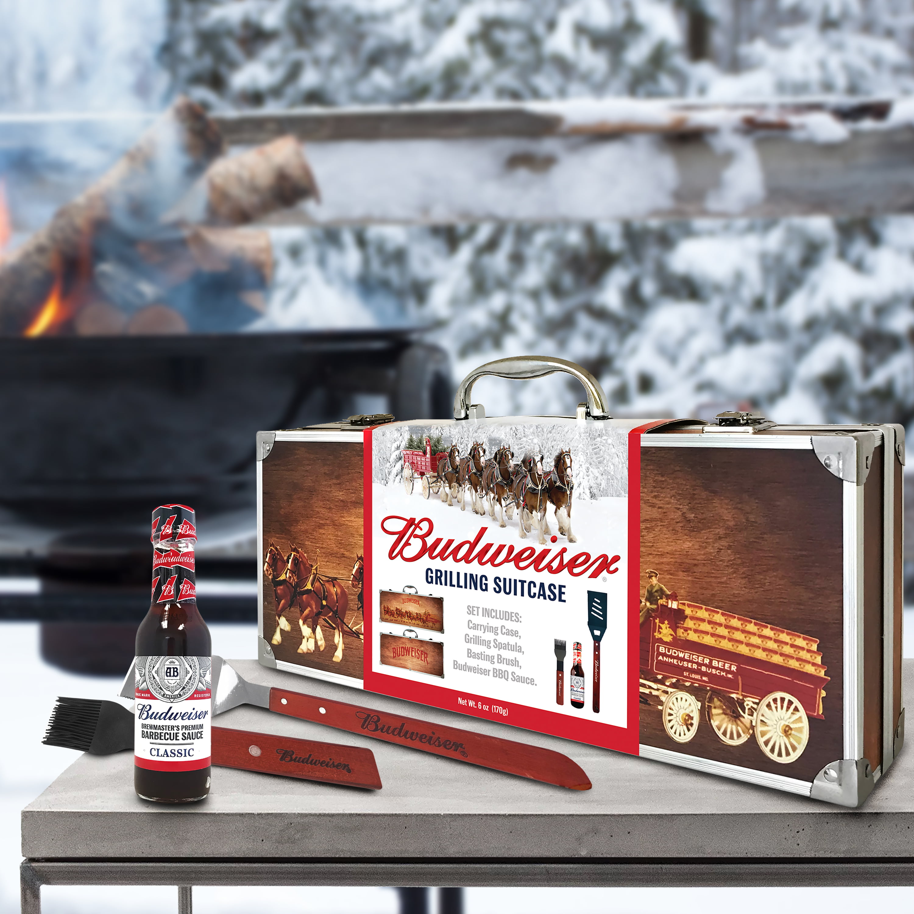 Budweiser Original Grilling Set with Wood Clydesdale Carrying Case 4 pc 