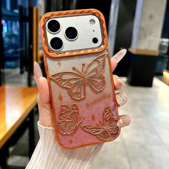 Poweltek Glitter Butterfly Phone Case for iPhone Air (2025), 2 in 1 Gradient Bling Paper Luxury Plated Slim Soft TPU Shockproof Protective Cover for Women Girls, Orange