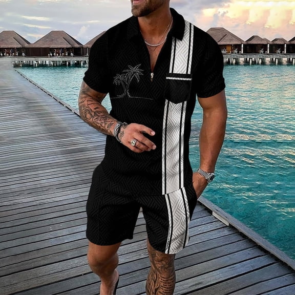 Vedolay Mens' Short Sets Mens Short Sets 2 Piece Summer Shirt and Shorts Set Casual Sport Beach Outfits for Men,Black M
