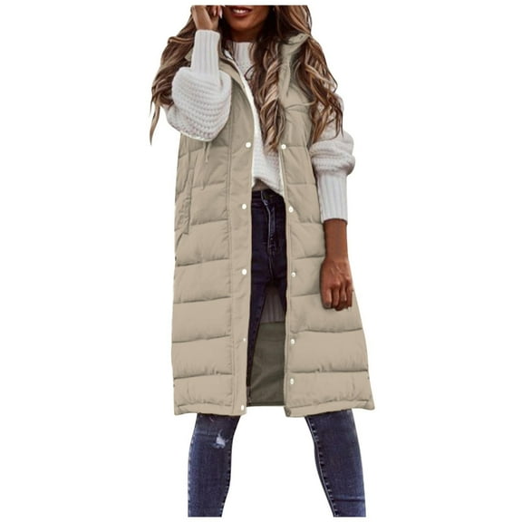 Women's Lightweight Zipper Sleeveless Long Vest Winter Thickened Hooded Coat