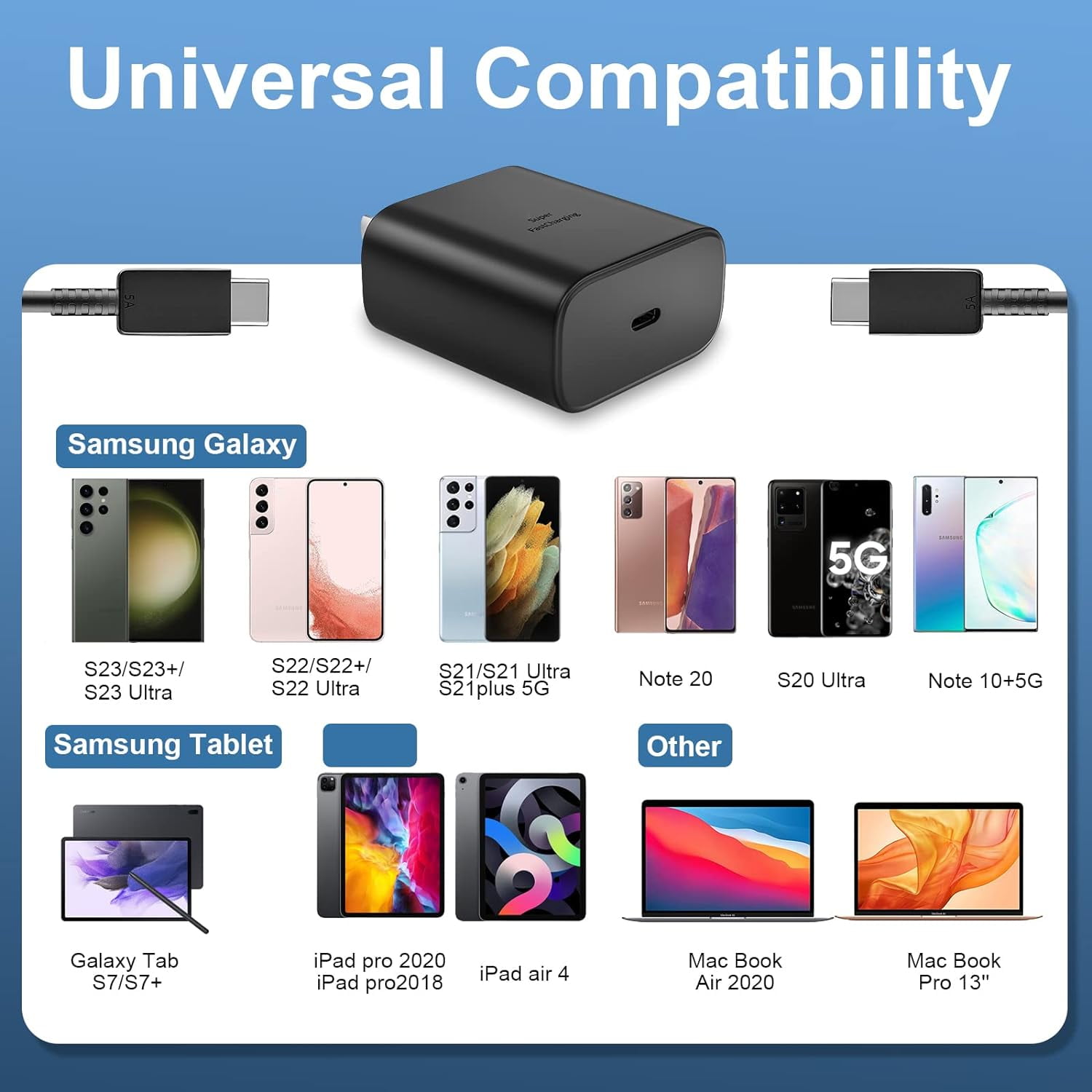 45W Samsung USB-C Super Fast Charger, USB C Android Phone Charger with 6.6FT Cable for Samsung Galaxy S23 Ultra/S23/S23+/S22 Ultra/S22+/S22