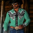 thumbnail image 2 of Classic Print Washed Denim Long Sleeve Button Down Shirt Stylish Casual Top Light Green XXXXXL, 2 of 4