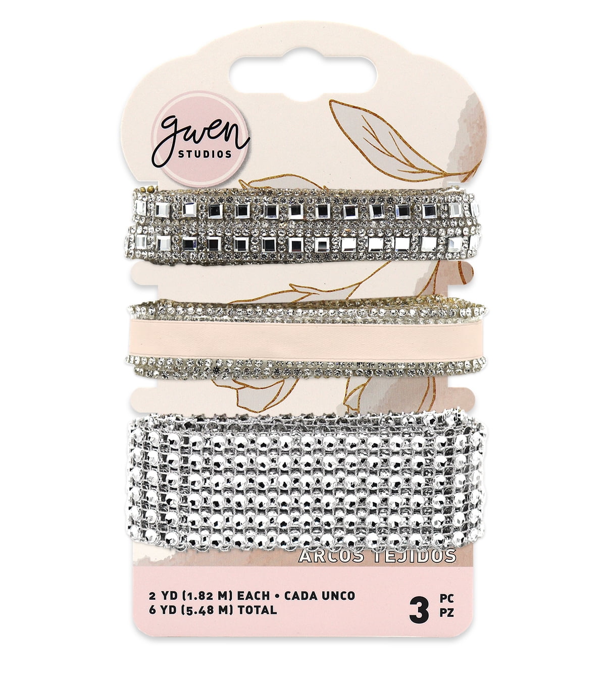 Blush Pink Satin and Rhinestone Trim Embellishment, 3 Styles, 6 Yards by Gwen Studios