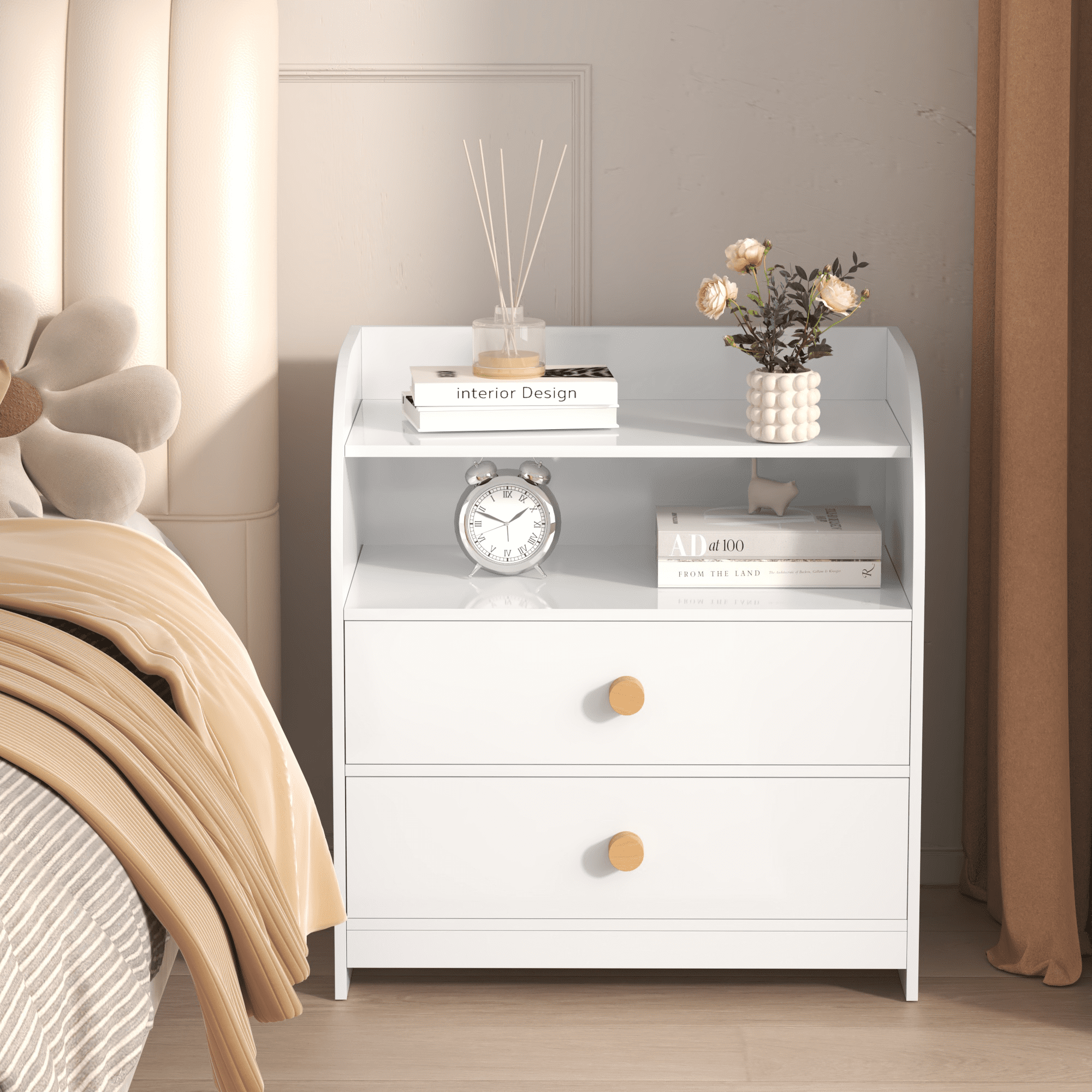 White MDF Nightstand with Curved Side Panels 2 Drawers Open Shelf Bedside End Table Storage