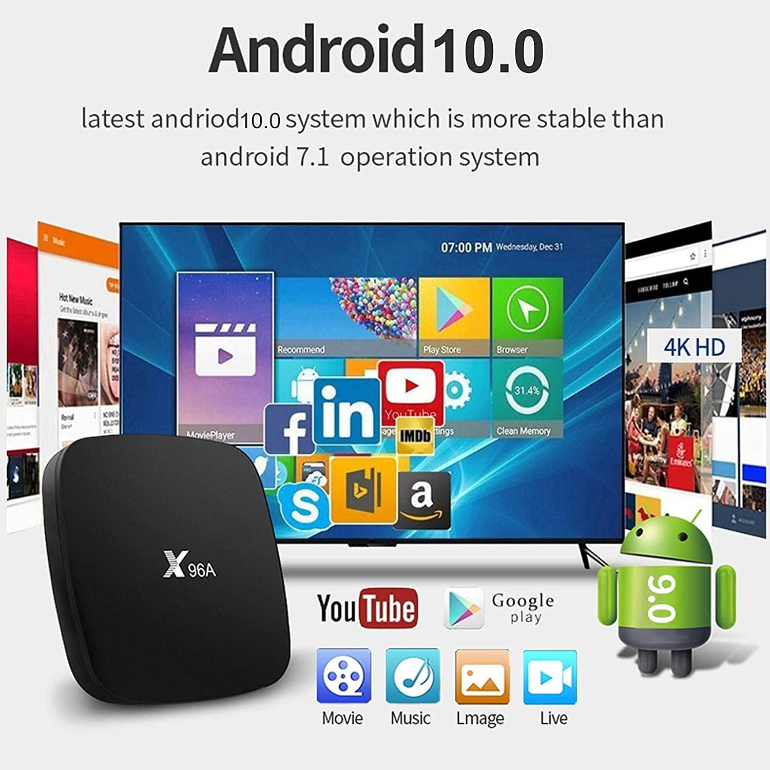 Android TV Box 10.0 2021 Upgraded X96A Smart TV Box 2GB RAM 16GB ROM Quad-Core 64bit Support Dual-WiFi 2.4G/5GHz BT 4.1 Ultra HD 4K HDR Android Box 