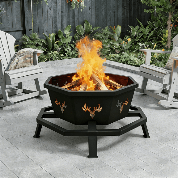 VVFLU 35 Inch Fire Pit with Fire Poker, Deer Design, Metal Wood Burning Outdoor Firepit for Patio, Backyard, Garden, Bonfire Party,Perfect for Christmas, Thanksgiving, Halloween