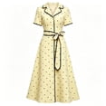 thumbnail image 4 of Karymi Polka Dot Print Vintage Midi Dress, Lapel V Neck Short Sleeve Contrast Trim Button Front A-Line Dress with Self Tie Belted Waist Cocktail Dresses for Women, 4 of 7