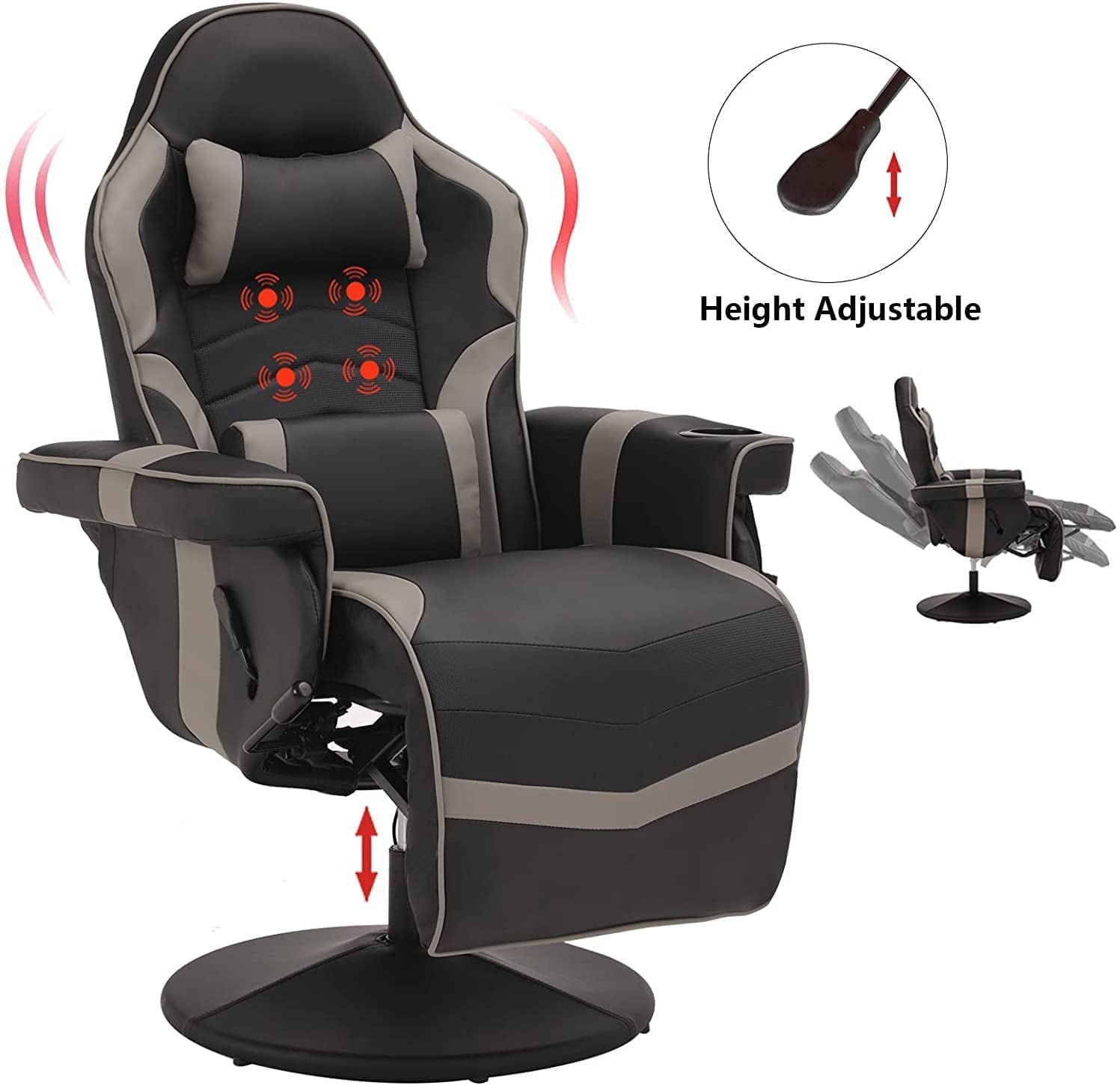 LVUYOYO Massage Video Gaming Recliner Chair Ergonomic Backrest & Seat Height Adjustment Swivel Recliner PU Leather High Back Computer Office Chair with Cupholder, Headrest, Lumbar Support, Footrest
