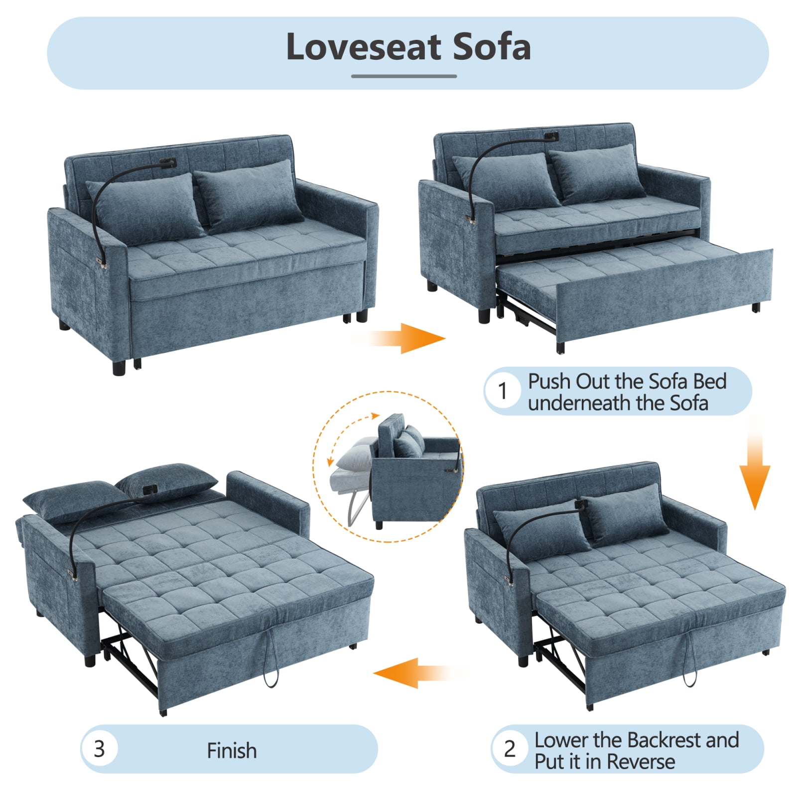 Harper & Bright Designs Loveseat with Pull Out Bed, Convertible Tufted Sleeper Sofa Bed with Adjustable Backrest, Chenille Pull-Out Bed with USB Charging Ports for Apartments Small Spaces, Blue