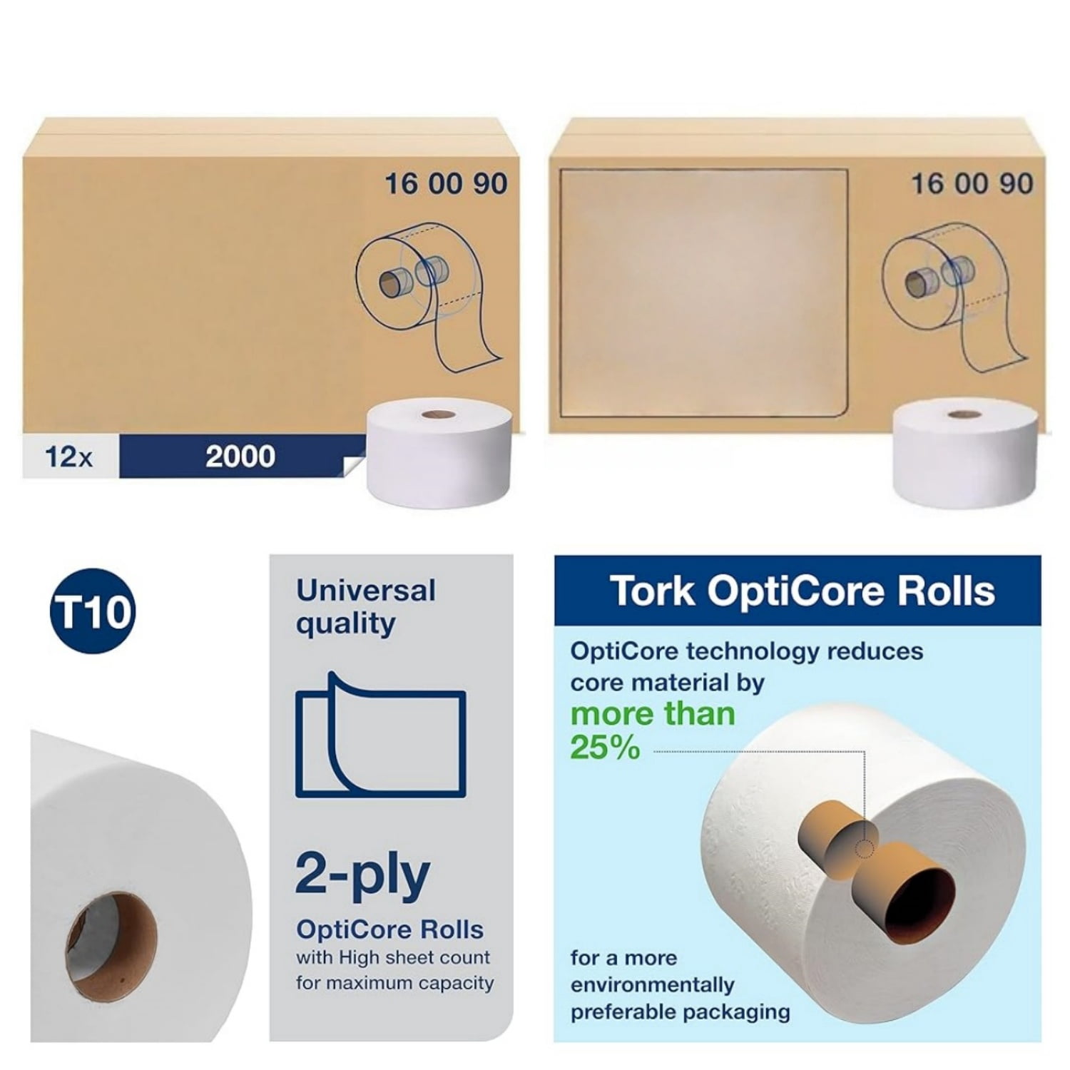 Mid-size Toilet Paper Roll White T10, Universal, 2-ply, 12 x 2000 sheets, 160090