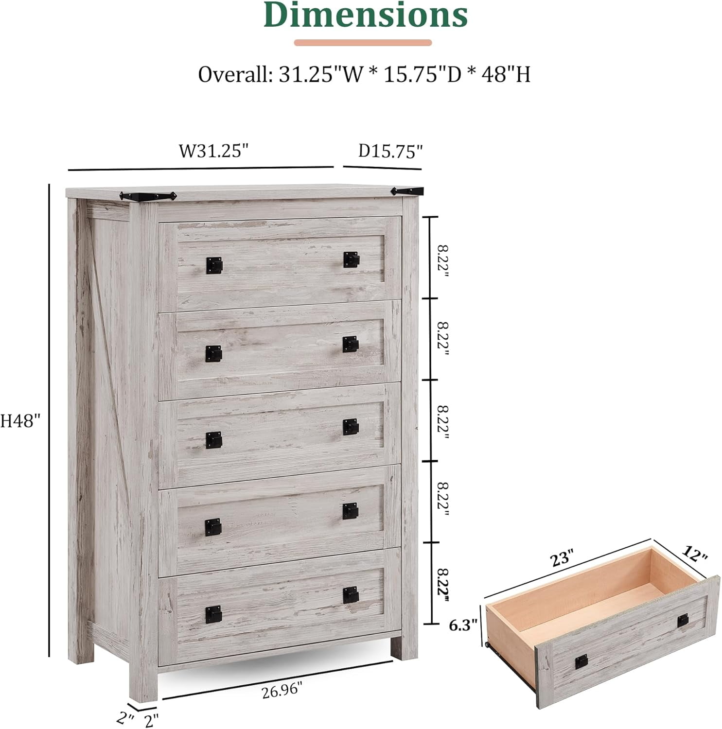 OKD 5 Drawers Dresser Chests for Bedroom Farmhouse, Wood Rustic Tall Chest of Drawers, Antique Brush White