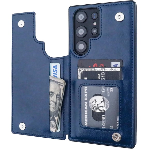 Compatible with Samsung Galaxy S23 Ultra Wallet Case with Card Holder, PU Leather Kickstand Card Slots Case, Double Magnetic Clasp and Durable Shockproof Cover 5G 6.8 Inch(Blue)