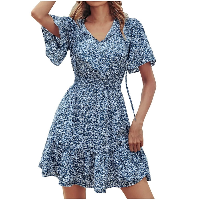 Lopecy-Sta Fashion Dresses Short Sleeve Floral Print Dresses for Women  Summer Light blue - L 