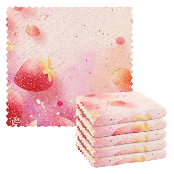 6 Pieces of Kitchen Towels 11x11Inch Kitchen Dish Cloths Kitchen Dish Towels Reuseable Cleaning Cloths Watercolor Strawberry Background