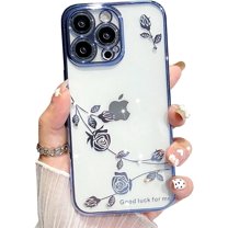 Cute Diamond Case Compatible with iPhone 14 Pro Max 6.7 inch, Soft Bling Glitter Rhinestone Rose Flower Plating Cover with Camera Lens Protection Clear Back Cases for Women Girls(Blue)