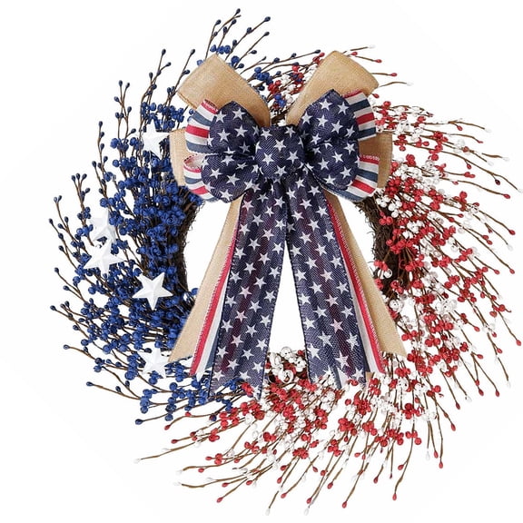 Fourth of July Wreath 22 inch, Patriotic Wreath for Front Door, Red White Blue American Independence Day Memorial Day Flag Day Indoor Outdoor Decor