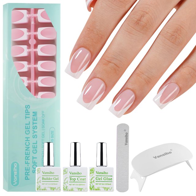 Kit de uñas Vansiho Pink Deep French Gel con lámpara y 150 puntas