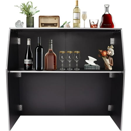 Portable Folding Event Bar, Freestanding Foldable Bar Cabinet with Top and Middle Shelves, for Parties Picnics Barbecues Events, Aluminum Edge, Black & White