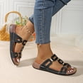 thumbnail image 3 of Slide Sandals Women Comfy Cork Footbed Orthopedic Slippers Fashion Cutout Splice Leather Slip on Flat Beach Shoes Black Size 9.5, 3 of 7