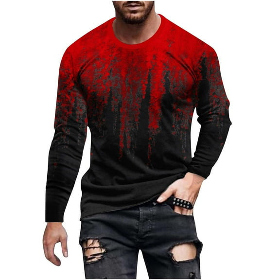 WREESH Men's Fashion T-Shirts Casual Round Neck Long Sleeve Pullover Printed T-Shirt Blouse Tops Workout Tops Wine
