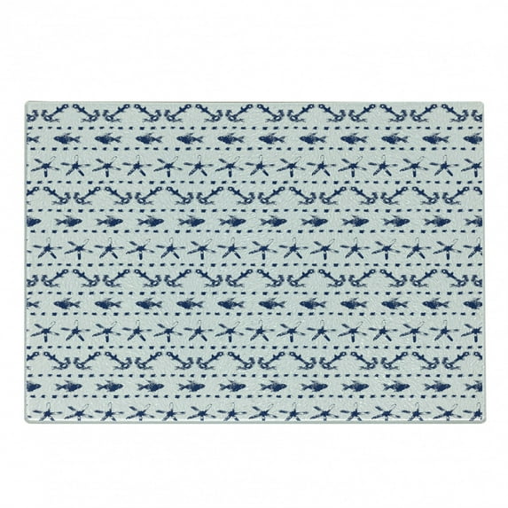 Navy Blue Cutting Board, Illustration Yatch Themed Design Fish Starfish Anchor Nautical Marine Print, Decorative Tempered Glass Cutting and Serving Board, Small Size, Navy and White, by Ambesonne