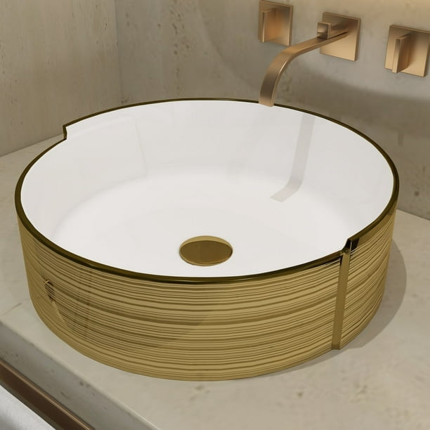 MEJE 16.75 Inch LUXURY Gold Stripes Round Art Basin, Above Counter Bathroom Vessel Sink, Porcelain Ceramic Countertop Sink(Include pop up drain)
