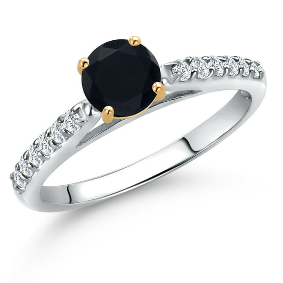 Gem Stone King 10K Two Tone Gold Black Onyx and Lab Grown Diamond Engagement Ring for Women | 0.66 Cttw | Round 5MM | Gemstone December Birthstone | Size 6