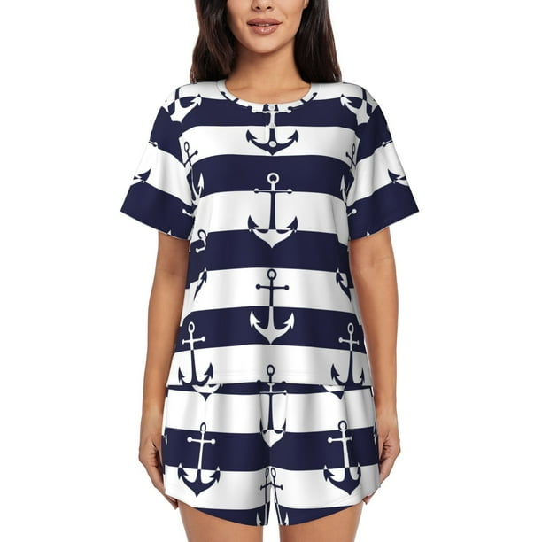 Balery Anchors Conjunto de Pijama para Mujer con Estampado, Dos Piezas de Manga Corta y Shorts, Ropa de Dormir Suave con Cuello Redondo y Bolsillos-Large