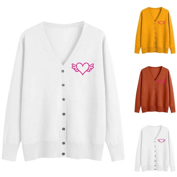Hfnxid Cardigan Sweaters for Women Embroidered Button Up V-Neck Sweater Soft Lightweight Knit Coat Solid Casual Open Front Tops White S