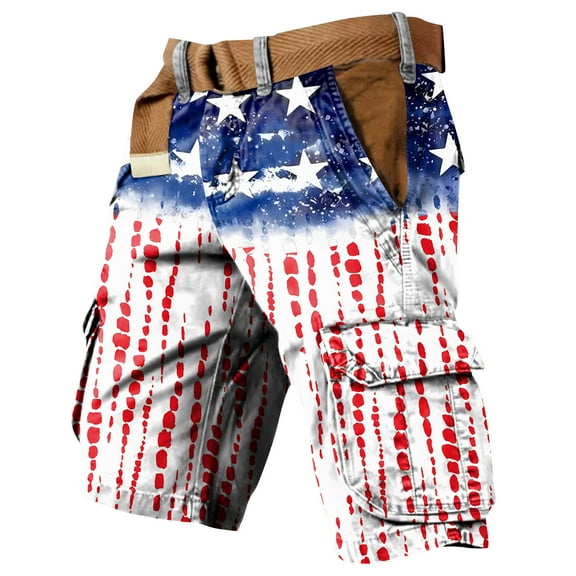 WTOBBY Men's Independence Day Themed Cargo Shorts, Printed Multi-Pocket Design, Casual Workwear for Festive Summer Activities,Blue L