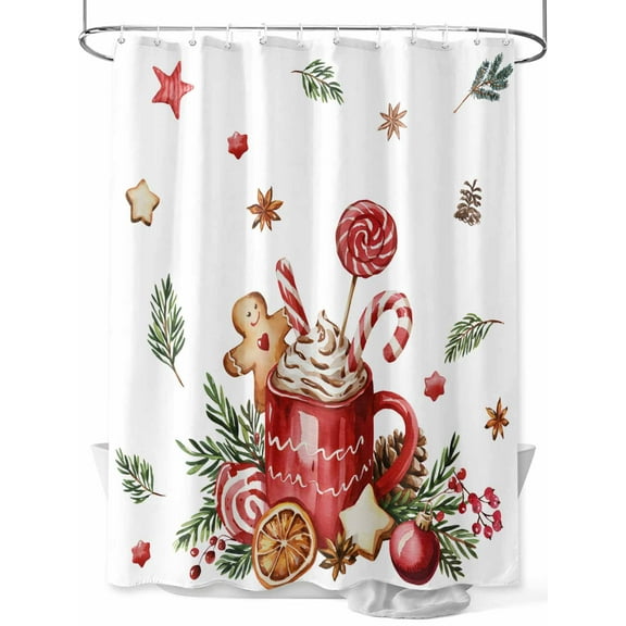 White Red Christmas Shower Curtain, Winter Holiday Gingerbread Man Bathroom Decor Curtains Set with Hooks, Waterproof Fabric Home Accessories， Stall 48 X 72 Inch