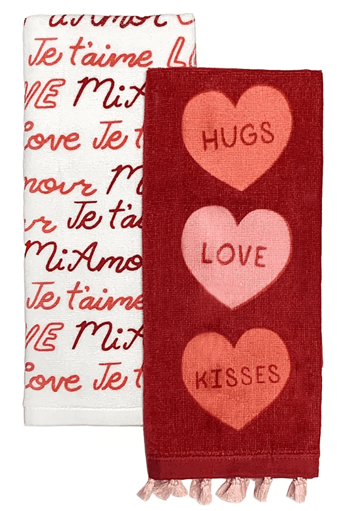 HUGS & KISSES Hearts Dual Purpose Kitchen Towel Flat Weave Front Terry Back 