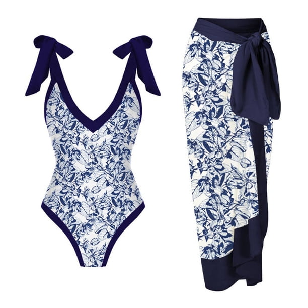 MKLEKYY Trajes De Baño Mujer Completo Women Vintage Abstract Floral Print 1 Piece Swimwear+1 Piece Cover Up Two Piece Vintage Print Swimsuit Monokini Bikini 2 Piece Swimsuits Two Piece Tankini Set