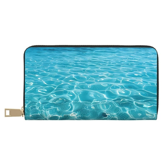 Leather Thin Slim Wallets for Women Men - Crystal Clear Ocean Waves Clutch Card Wallet for Women Men with Zipper