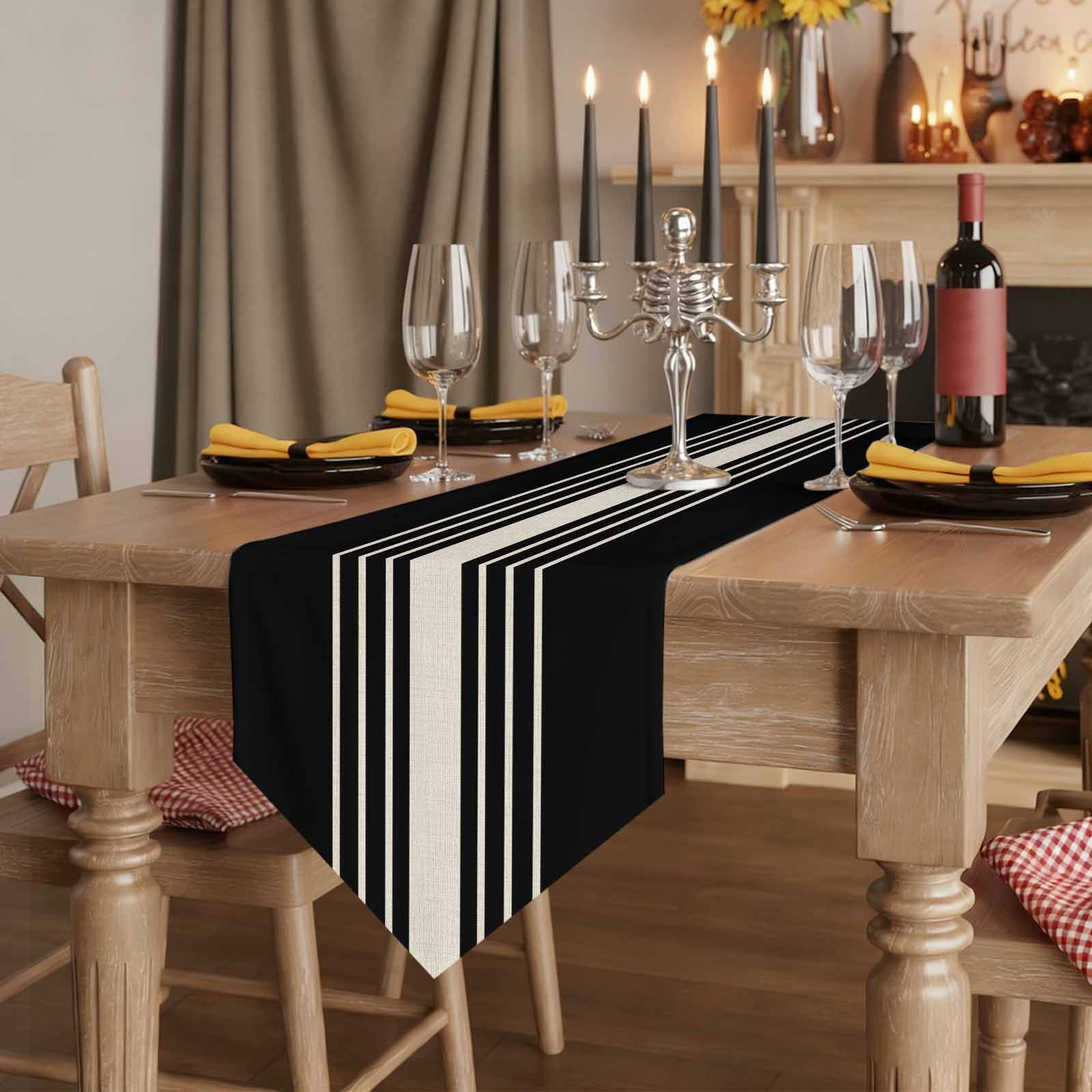 Black Beige Striped Table Runner Linen Burlap Table Runner 72 Inches Long Modern Farmhouse Retro Lines Dresser Scarves for Kitchen Island Coffee Dining Room Party Holiday Decoration 18"x72"