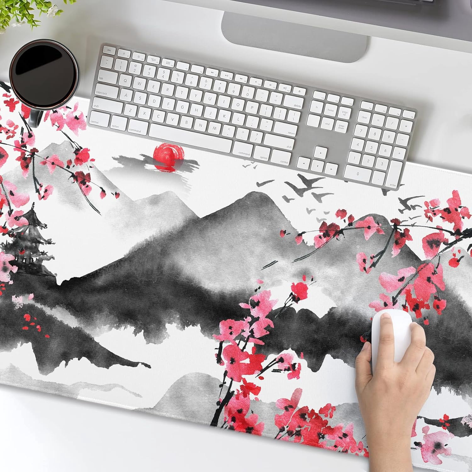 Japanese Cherry Blossom Mouse Pad 35.4x15.7in XXL Full Desk Pink Watercolor Art, Cool Design Gaming Mousepad, Extended Large NonSlip Rubber Base, Stitched Edges