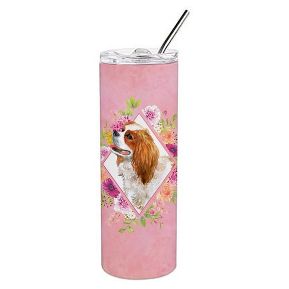 Carolines Treasures CK4126TBL20 Cavalier King Charles Spaniel Pink Flowers Stainless Steel 20 oz Skinny Tumbler 20 oz