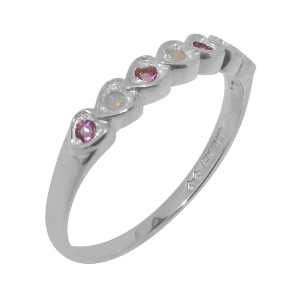 LBG British Made 925 Sterling Silver Natural Opal & Pink Tourmaline Womens Eternity Ring - 33 size options - Size 10
