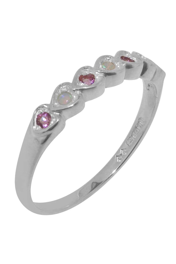 LBG British Made 10k White Gold Real Genuine Opal & Pink Tourmaline Womens Eternity Ring - 33 size options - Size 5.75