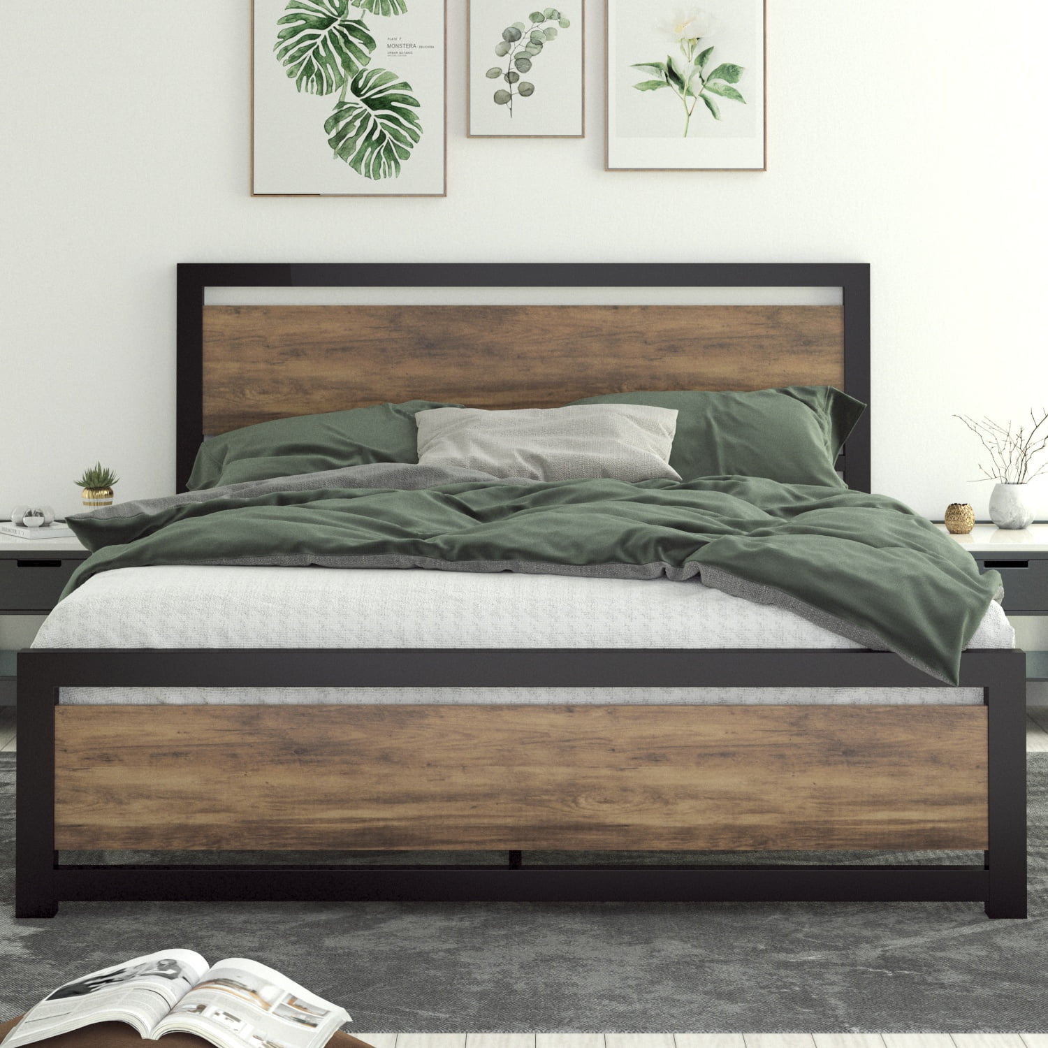 Queen Size Wooden Bed Frame with Headboard and Footboard Modern Bedroom Furnitur 